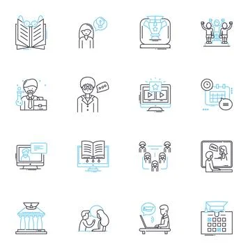 E-learning linear icons set. Online, Multimedia, Distance, Remote, Virtual Stock Illustration