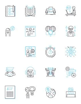 E-learning linear icons set. Online, Multimedia, Distance, Remote, Virtual Stock Illustration