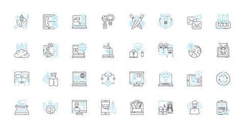 E-learning linear icons set. Digital, Blended, Online, Virtual, Interactive Illustrazione stock