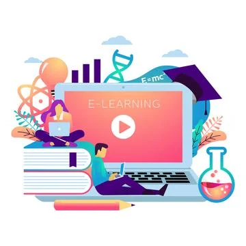 E learning llustration concept. Student sitting on books with laptop studying Stock Illustration