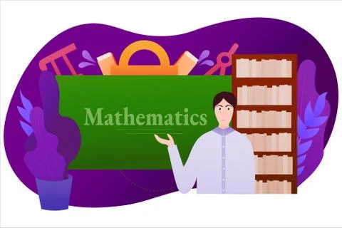 E-learning math concept, teacher standing near chalkboard, bookshelf on the Stock Illustration