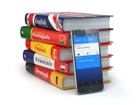 E-learning. Mobile dictionary. Learning languages online. Smartphone with boo Stock Illustration
