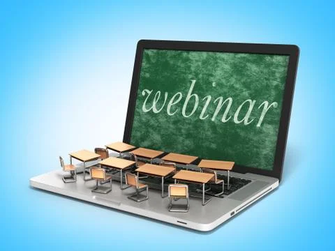 E-learning online education concept school desks on laptop keyboard 3d illust Stockillustratie