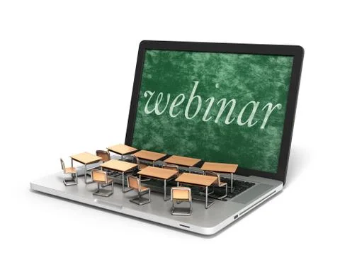 E-learning online education concept school desks on laptop keyboard 3d render Stock Illustration