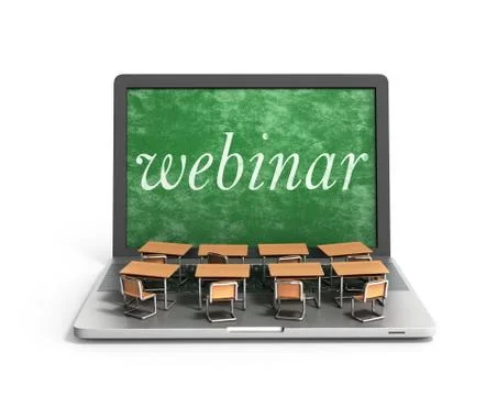 E-learning online education concept school desks on laptop keyboard 3d render Stock Illustration