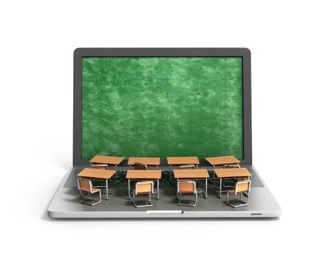 E-learning online education concept school desks on laptop keyboard 3d render Stock Illustration