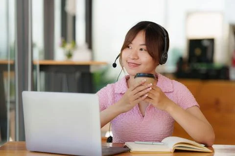 E-learning Online Education concept. Asian woman attentive student student video Stock Photos