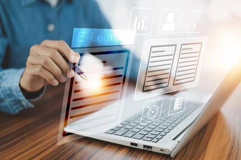 E-Learning online education concept, Student using computer online educatio.. Stock Photos