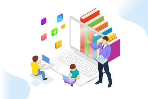 E-learning, Online Education at Home. Isometric concept for Digital Reading, E Illustrazione stock