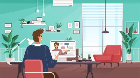 E-learning, online education, man student with computer watching online webinar Stock Illustration