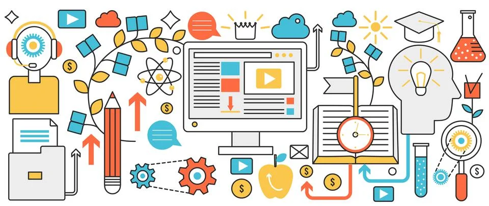 E-learning online education technology, knowledge from open library book 스톡 일러스트