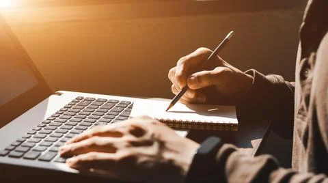 E-learning, online study concept. Student studying online class via laptop co Stock Photos