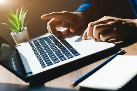 E-learning, online study concept. Student studying online class via laptop co Stock Photos