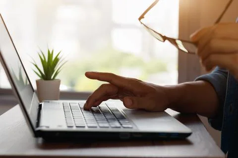 E-learning, online study concept. Student studying online class via laptop co Foto stock