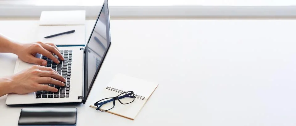 E-learning, online study concept. Student studying online class via laptop co Stock Photos