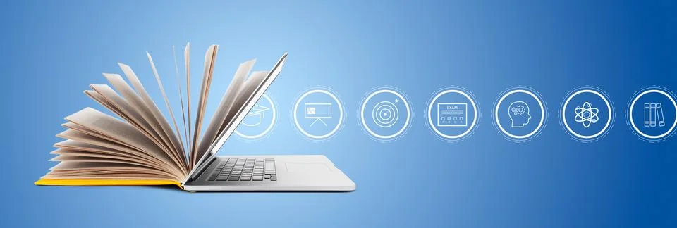 E learning with open book and laptop showing various educational icons against Stock Photos