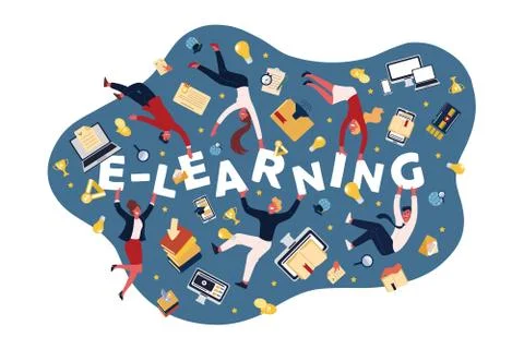 E-learning opportunities, people studying online, receiving diploma, self-edu Illustrazione stock
