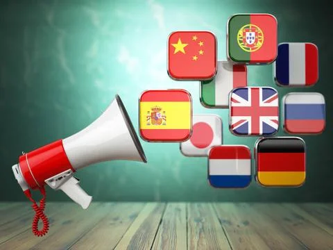 E-learning or online translator concept. Learning languages online. Megaph... Stock-Fotos