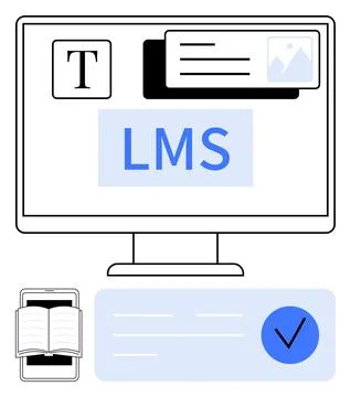E-learning platform on diverse devices displaying LMS, text editing, and mu.. Illustrazione stock