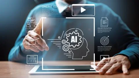 E learning platform highlights technology in education with focus on AI tools Stock Photos