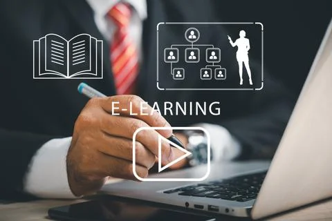E-learning platform offers digital courses, video training, and online educ.. Fotos de archivo