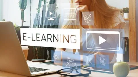 E learning platform showing online resources and tools for studying at home or 写真素材