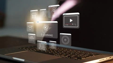 E learning platform showing various tools and resources on a laptop screen Stock Photos
