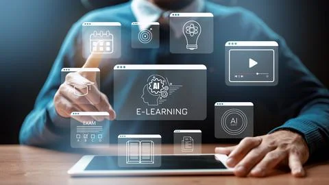 E learning platform in use with digital resources displayed on a tablet screen Stock Photos