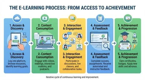 E-learning process infographic access to achievement digital education steps Stock Illustration