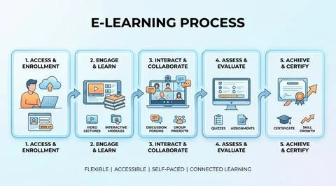 E-learning process workflow: access, engage, interact, assess, certify Stock Illustration