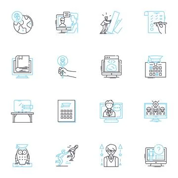 E-learning Program linear icons set. Online, Digital, Interactive, Virtual Illustrazione stock