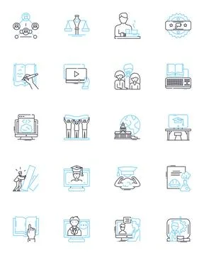 E-learning Program linear icons set. Online, Digital, Interactive, Virtual Stock Illustration