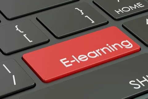 E-learning, red hot key on  the keyboard , 3D rendering Illustrazione stock