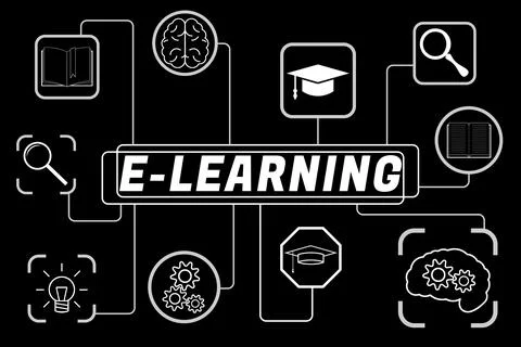 E-learning. Scheme with icons on black background Stock Photos