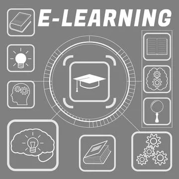 E-learning. Scheme with icons on grey background Stock Photos