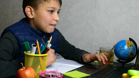 E-learning. Schoolboy gets online education. Stock Footage 127968054