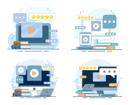 E-learning set illustrating online student teacher interaction Stock Illustration