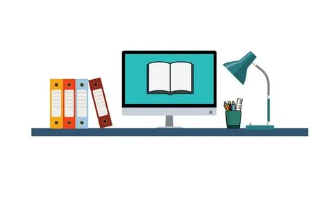 E-learning setup with computer, binders, and desk accessories 스톡 일러스트