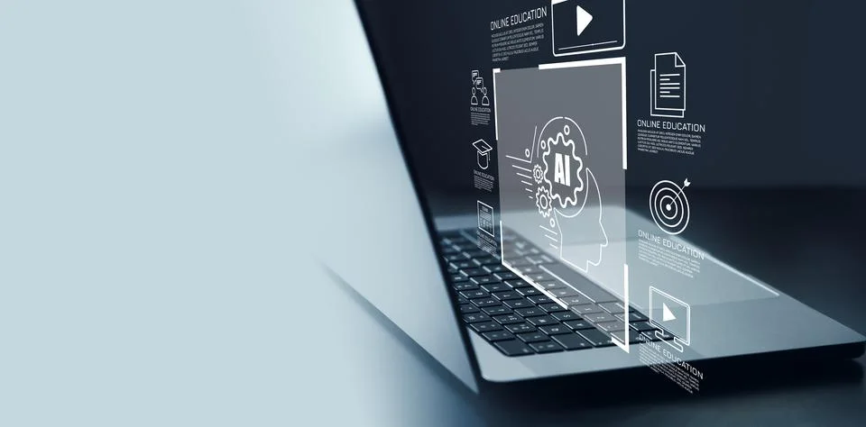 E learning is shown on a laptop screen with various digital icons and symbols Stock Photos
