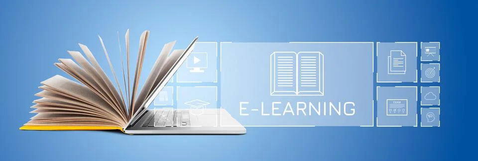 E learning is shown with an open book and a laptop on a blue background with Stock Photos