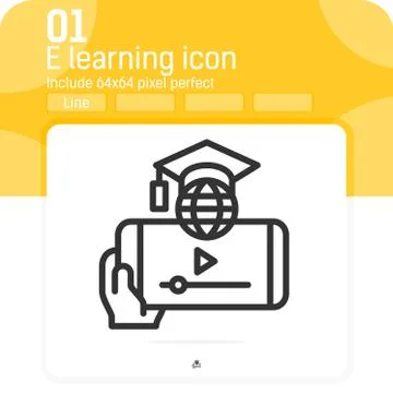 E learning on smartphone icon with outline style isolated on white background Stock Illustration
