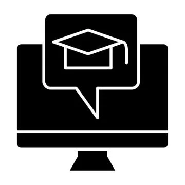 E-learning solid icon. Monitor and graduate hat vector illustration isolated on Illustrazione stock