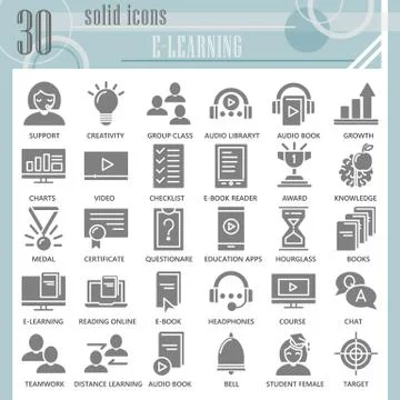 E-learning solid icon set, online studying symbols collection or sketches Illustrazione stock