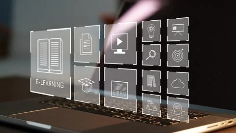 E learning symbols displayed on a laptop screen with various educational icons Stock Photos