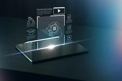 E learning technology with digital interfaces on a tablet screen in a modern Stock Photos