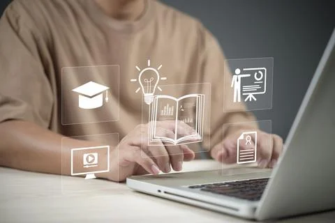 E-learning technology skill development, online education course. Student l.. Fotos de archivo