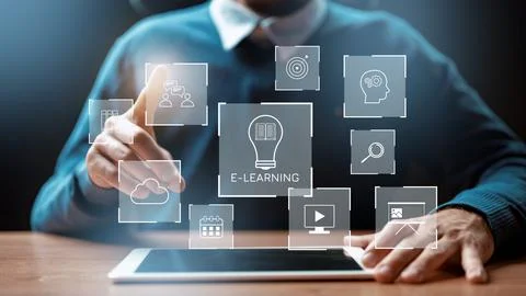 E learning with technology tools and digital resources for online education and Stock Photos