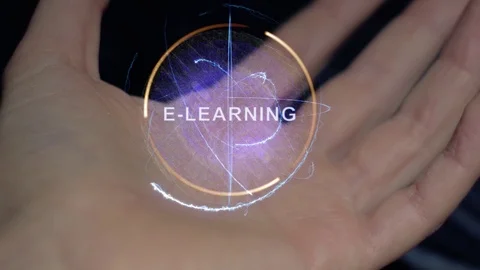 E-learning text hologram on a female hand Stock Footage 108396852