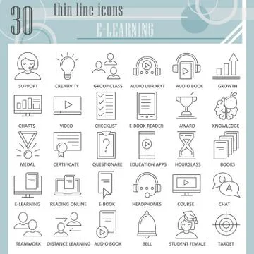 E-learning thin line icon set, online studying symbols collection or sketches Stock Illustration