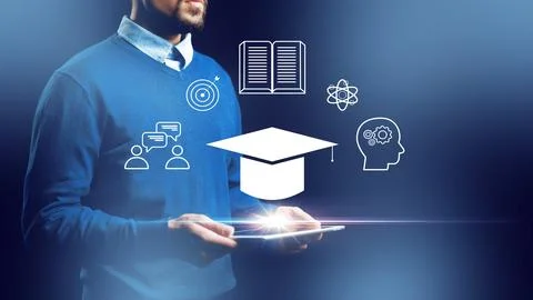 E learning tools and concepts displayed with a person holding a tablet indoors Stock Photos